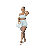 Sexy Summer Women Solid Color Pleated Spaghetti Strap Crop Tops Slim Shorts Skinny Two Pieces Sets YB-6079