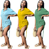 Summer Solid Color Turn Down Collar Polo Shirt Short Sleeve Drawstring Loose Fit Sports Wear Midi Dress MK-3058