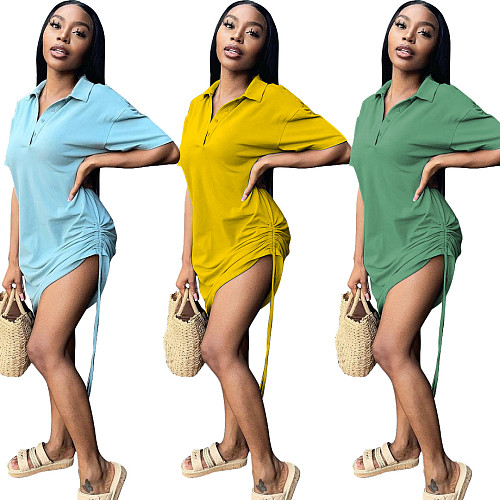 Summer Solid Color Turn Down Collar Polo Shirt Short Sleeve Drawstring Loose Fit Sports Wear Midi Dress MK-3058