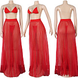 Plus Size Solid Color Sexy Mesh Sheer Pleat Maxi Skirts Cover Up Bikini Beach Swimwear 3 Piece Set SFY-132