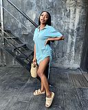 Summer Solid Color Turn Down Collar Polo Shirt Short Sleeve Drawstring Loose Fit Sports Wear Midi Dress MK-3058