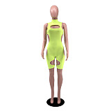 Summer Fashion Solid Color Hollow Out Sleeveless O-Neck Mid Waist Bodycon Women Rompers YB-6082