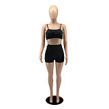 Sexy Summer Women Solid Color Pleated Spaghetti Strap Crop Tops Slim Shorts Skinny Two Pieces Sets YB-6079