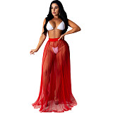 Plus Size Solid Color Sexy Mesh Sheer Pleat Maxi Skirts Cover Up Bikini Beach Swimwear 3 Piece Set SFY-132