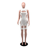 Summer Fashion Solid Color Hollow Out Sleeveless O-Neck Mid Waist Bodycon Women Rompers YB-6082