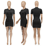 Women Sexy Short Sleeve Round Neck Solid Color Ruched Drawstring Bodycon Club Party Mini Dress WSY-5876