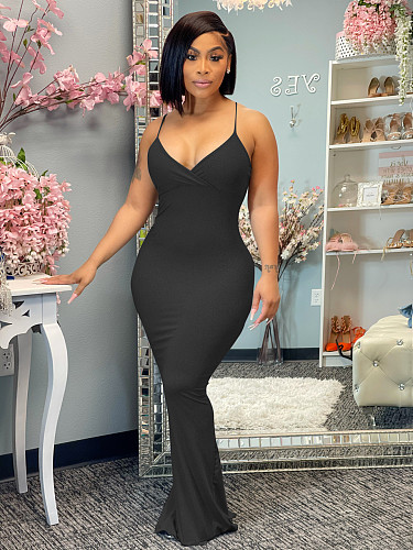Sexy Solid Color Sleeveless Spaghetti Straps V Neck Bodycon Women Summer Clubwear Party Long Maxi Dress JR-3629