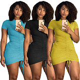 Women Sexy Short Sleeve Round Neck Solid Color Ruched Drawstring Bodycon Club Party Mini Dress WSY-5876