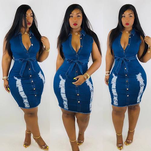 Casual High Street Women Summer Sleeveless Ripped Hole Straight Knee Length Denim Midi Dress MOF-5055