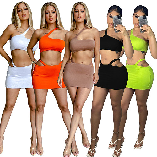 Hot Sales Solid Color Sleeveless One Shoulder Crop Tops Cut Out Mini Skirt Women Skinny Two Piece Set YB-6075