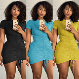 Women Sexy Short Sleeve Round Neck Solid Color Ruched Drawstring Bodycon Club Party Mini Dress WSY-5876