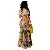 Summer Beach Print High Elastic Off Shoulder Wrap Chest Crop Top Ruffles Pleated Long Skirts Two Piece Set SFY-002-1