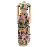 Summer Beach Print High Elastic Off Shoulder Wrap Chest Crop Top Ruffles Pleated Long Skirts Two Piece Set SFY-002-1