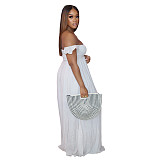 Woman Vintage Elegant Solid Color Off Shoulder Ruffled Short Sleeve Split Slim Bohemian Long Dress AIL-158