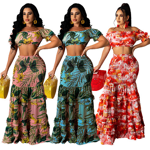 Summer Beach Print High Elastic Off Shoulder Wrap Chest Crop Top Ruffles Pleated Long Skirts Two Piece Set SFY-002-1