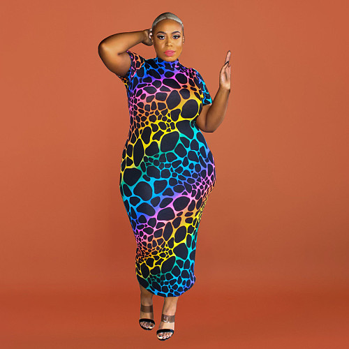 Women Fashion Plus Size Printed Bodycon Skinny Short Sleeve O Neck Elegant Bodycon Long Dress OSS-21109