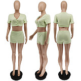 Sexy Solid Color Women Short Sleeve V Neck Tees Button Up Crop Top Bodycon Shorts Two Piece Set WSY-5875