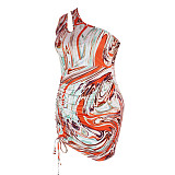 Plus Size Tie Dye One Shoulder Sleeveless Drawstring Ruched Bodycon Party Club Summer Women Dress JLY-19198