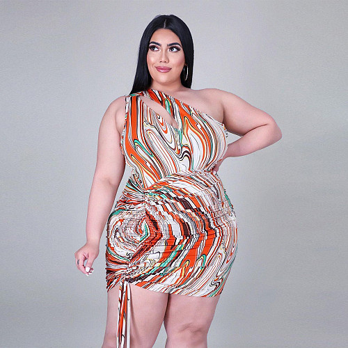 Plus Size Tie Dye One Shoulder Sleeveless Drawstring Ruched Bodycon Party Club Summer Women Dress JLY-19198