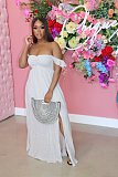 Woman Vintage Elegant Solid Color Off Shoulder Ruffled Short Sleeve Split Slim Bohemian Long Dress AIL-158