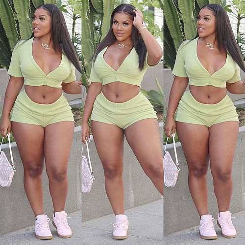 Sexy Solid Color Women Short Sleeve V Neck Tees Button Up Crop Top Bodycon Shorts Two Piece Set WSY-5875