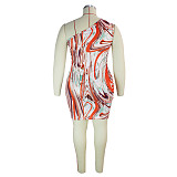 Plus Size Tie Dye One Shoulder Sleeveless Drawstring Ruched Bodycon Party Club Summer Women Dress JLY-19198