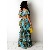 Summer Beach Print High Elastic Off Shoulder Wrap Chest Crop Top Ruffles Pleated Long Skirts Two Piece Set SFY-002-1
