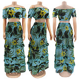 Summer Beach Print High Elastic Off Shoulder Wrap Chest Crop Top Ruffles Pleated Long Skirts Two Piece Set SFY-002-1