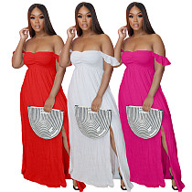 Woman Vintage Elegant Solid Color Off Shoulder Ruffled Short Sleeve Split Slim Bohemian Long Dress AIL-158