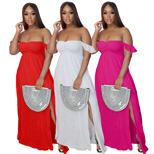 Woman Vintage Elegant Solid Color Off Shoulder Ruffled Short Sleeve Split Slim Bohemian Long Dress AIL-158