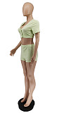 Sexy Solid Color Women Short Sleeve V Neck Tees Button Up Crop Top Bodycon Shorts Two Piece Set WSY-5875