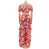 Summer Beach Print High Elastic Off Shoulder Wrap Chest Crop Top Ruffles Pleated Long Skirts Two Piece Set SFY-002-1