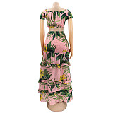Summer Beach Print High Elastic Off Shoulder Wrap Chest Crop Top Ruffles Pleated Long Skirts Two Piece Set SFY-002-1