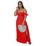 Woman Vintage Elegant Solid Color Off Shoulder Ruffled Short Sleeve Split Slim Bohemian Long Dress AIL-158