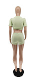 Sexy Solid Color Women Short Sleeve V Neck Tees Button Up Crop Top Bodycon Shorts Two Piece Set WSY-5875