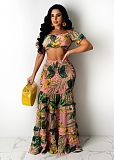 Summer Beach Print High Elastic Off Shoulder Wrap Chest Crop Top Ruffles Pleated Long Skirts Two Piece Set SFY-002-1