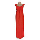 Woman Vintage Elegant Solid Color Off Shoulder Ruffled Short Sleeve Split Slim Bohemian Long Dress AIL-158