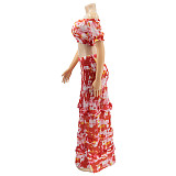 Summer Beach Print High Elastic Off Shoulder Wrap Chest Crop Top Ruffles Pleated Long Skirts Two Piece Set SFY-002-1