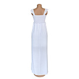 Woman Vintage Elegant Solid Color Off Shoulder Ruffled Short Sleeve Split Slim Bohemian Long Dress AIL-158