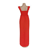 Woman Vintage Elegant Solid Color Off Shoulder Ruffled Short Sleeve Split Slim Bohemian Long Dress AIL-158