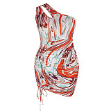 Plus Size Tie Dye One Shoulder Sleeveless Drawstring Ruched Bodycon Party Club Summer Women Dress JLY-19198