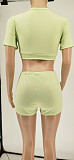 Sexy Solid Color Women Short Sleeve V Neck Tees Button Up Crop Top Bodycon Shorts Two Piece Set WSY-5875