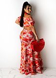Summer Beach Print High Elastic Off Shoulder Wrap Chest Crop Top Ruffles Pleated Long Skirts Two Piece Set SFY-002-1