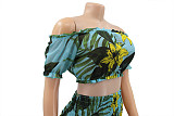 Summer Beach Print High Elastic Off Shoulder Wrap Chest Crop Top Ruffles Pleated Long Skirts Two Piece Set SFY-002-1