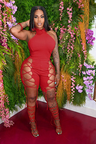 Hot Style Summer Women Solid Color Sleeveless Halter Hollow Out O-Neck Night Club Party Bandage Rompers FNN-8611
