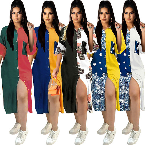 Summer New Style Plus Size Women's Fashion Color Contrast Print Patchwork Single Breasted Buttons Shirt Dress LS-0351
