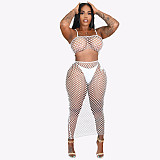 Solid Grid Mesh See Through Spaghetti Strap Crop Top+Long Skirts+Underpants 3 Piece Bikini Set WSM-5251