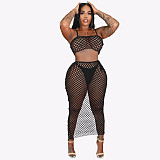 Solid Grid Mesh See Through Spaghetti Strap Crop Top+Long Skirts+Underpants 3 Piece Bikini Set WSM-5251