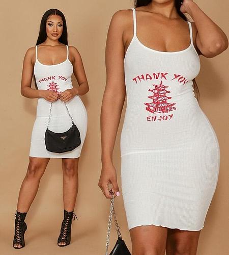 Fashion Women Knitted Sleeveless Letter Pattern Print Bodycon Party Streetwear Mini Dress FNN-8612