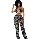 Sexy Women Beach Cover Up Print Mesh See Through Ruffle Pant Halter Bra 3 Pieces Bikini Set Swimsuit LSL-6449